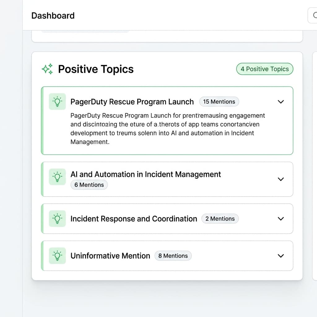 Topic clustering view showing positive topics grouped by theme with mention counts